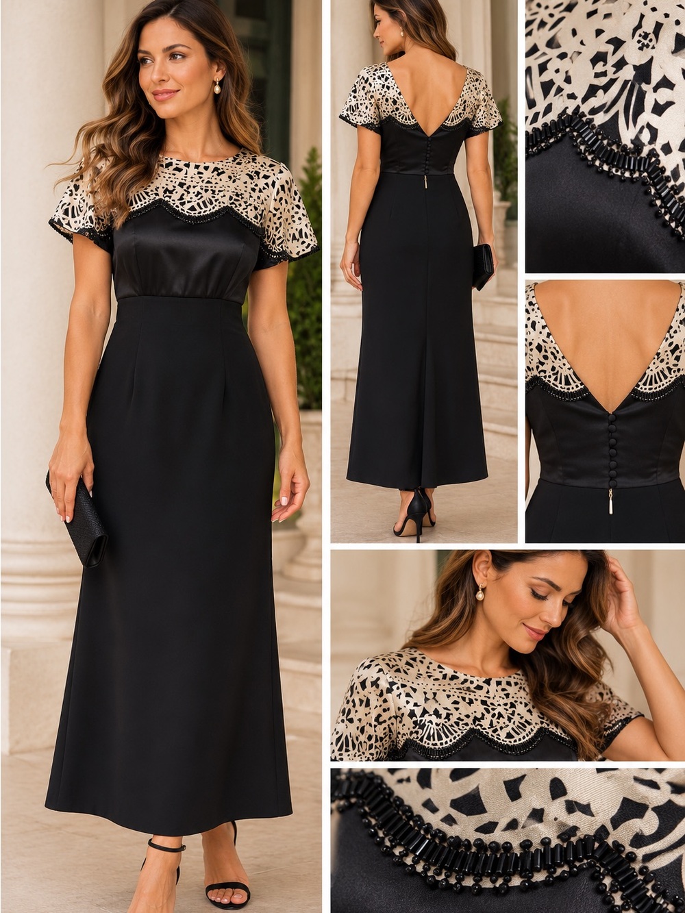 Tory Burch Phoebe Black Ivory Beaded Lace Ankle Length Maxi Dress